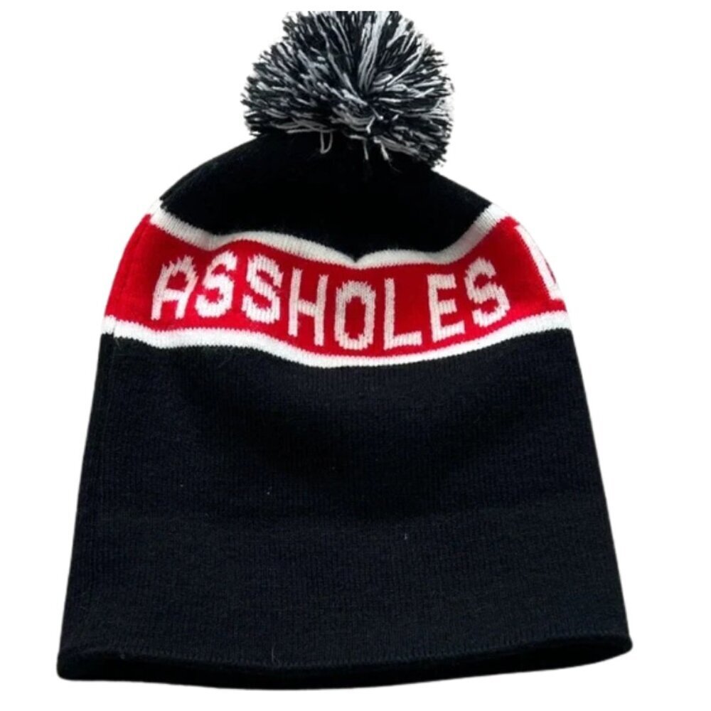 “Assholes Live Forever” Black White and Red Pom-Pom Beanie - One Size